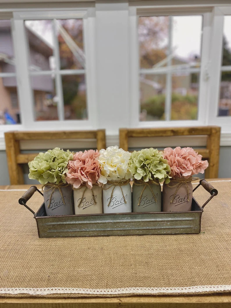 Mason Jars Decor/Farmhouse Decor with Hydrangeas/Mason Jar Decor/Table Centerpieces/Home Decor/Table Decor/Kitchen Decor