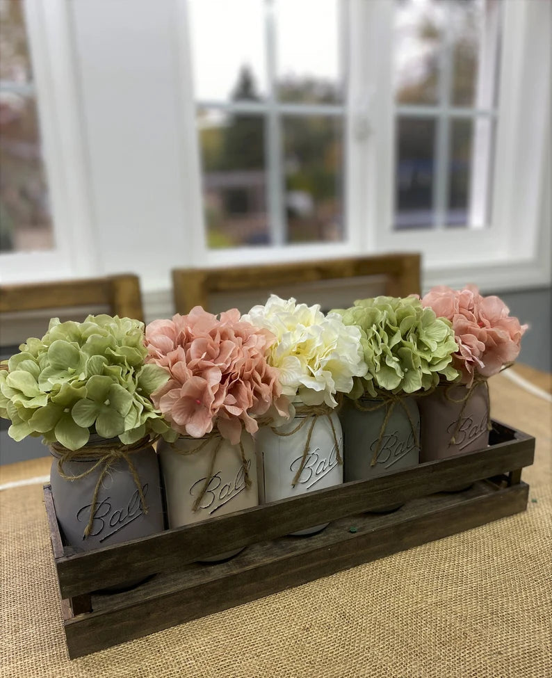 Mason Jars Decor/Farmhouse Decor with Hydrangeas/Mason Jar Decor/Table Centerpieces/Home Decor/Table Decor/Kitchen Decor
