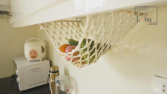 Macrame Hanging Fruit Basket, Fruit Hammock with Hooks, Fruit Storage, Kitchen Counter Space Saver, Under Cabinet Fruit Hammock